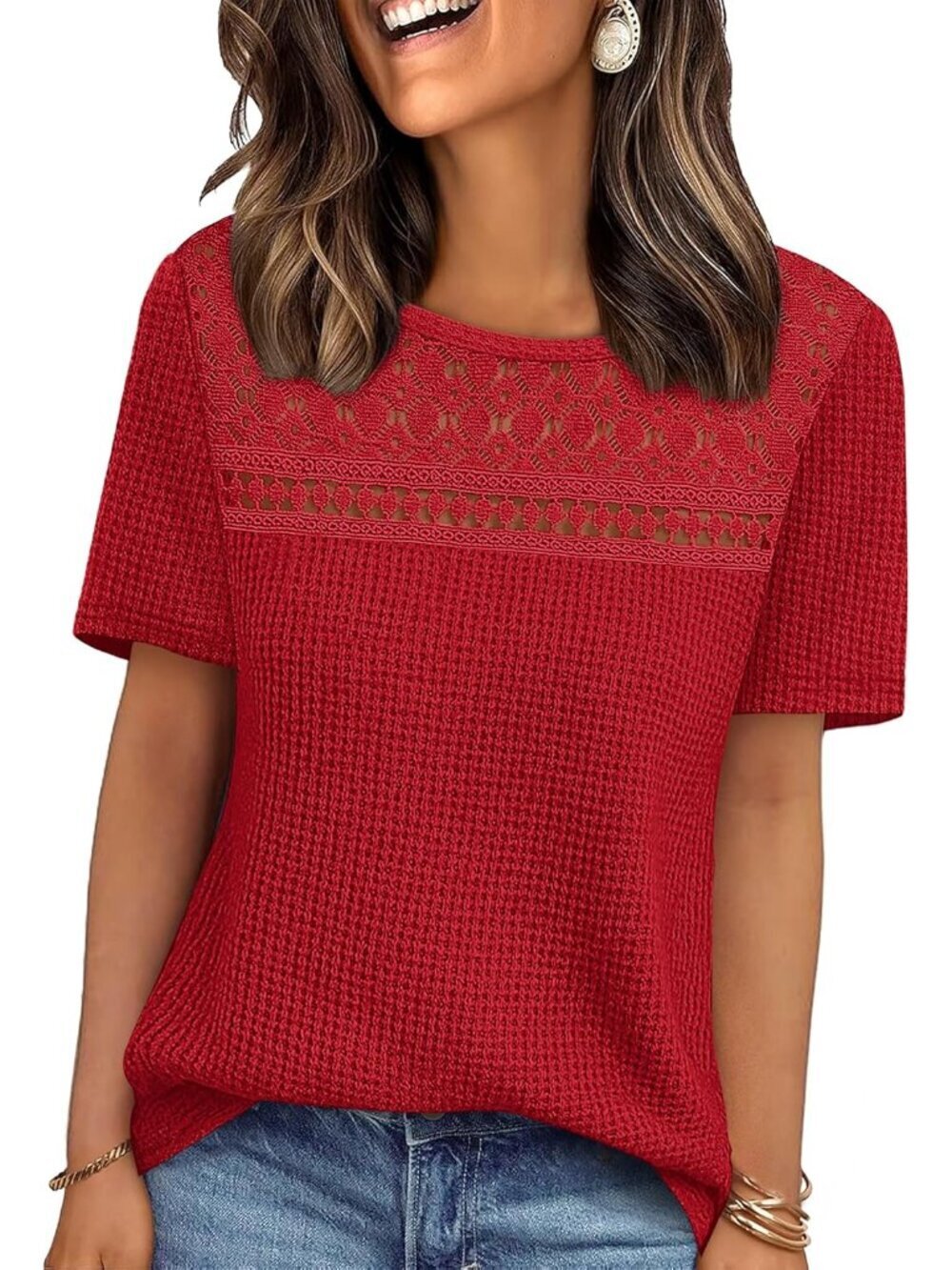 Womens Tops Dressy Casual Short Sleeve Shirts Boho Crochet Lace Waffle Knit Plus